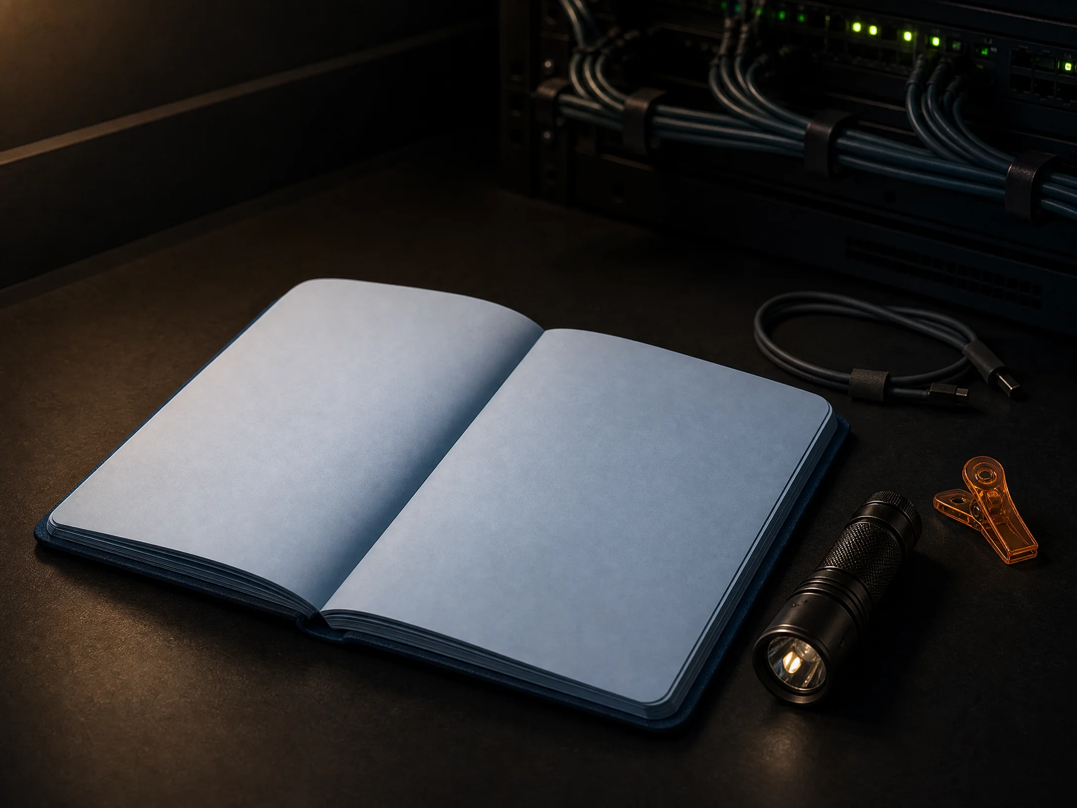 Open night-shift handover notebook beside a server rack
