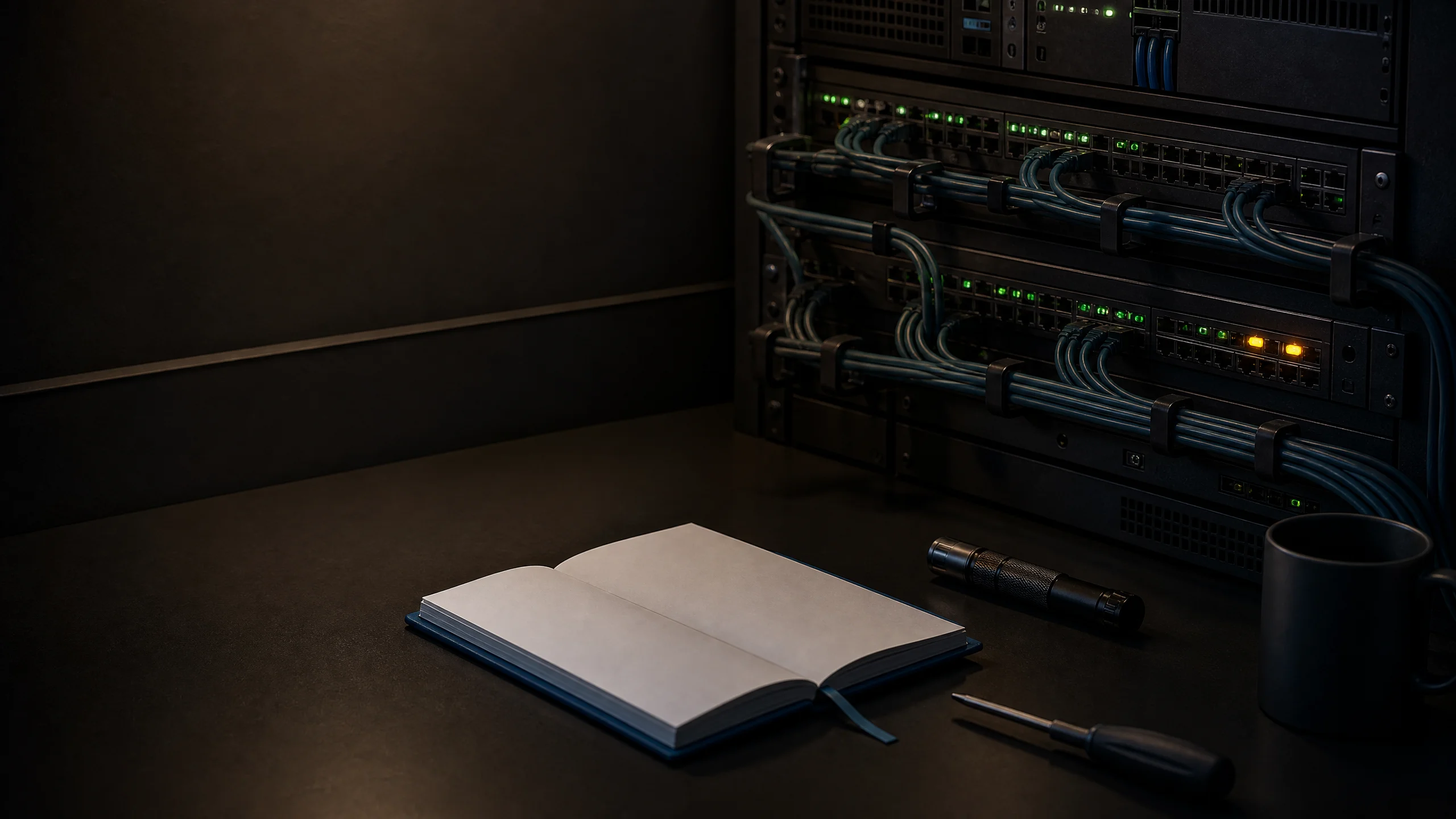 Night operations desk beside a live server rack