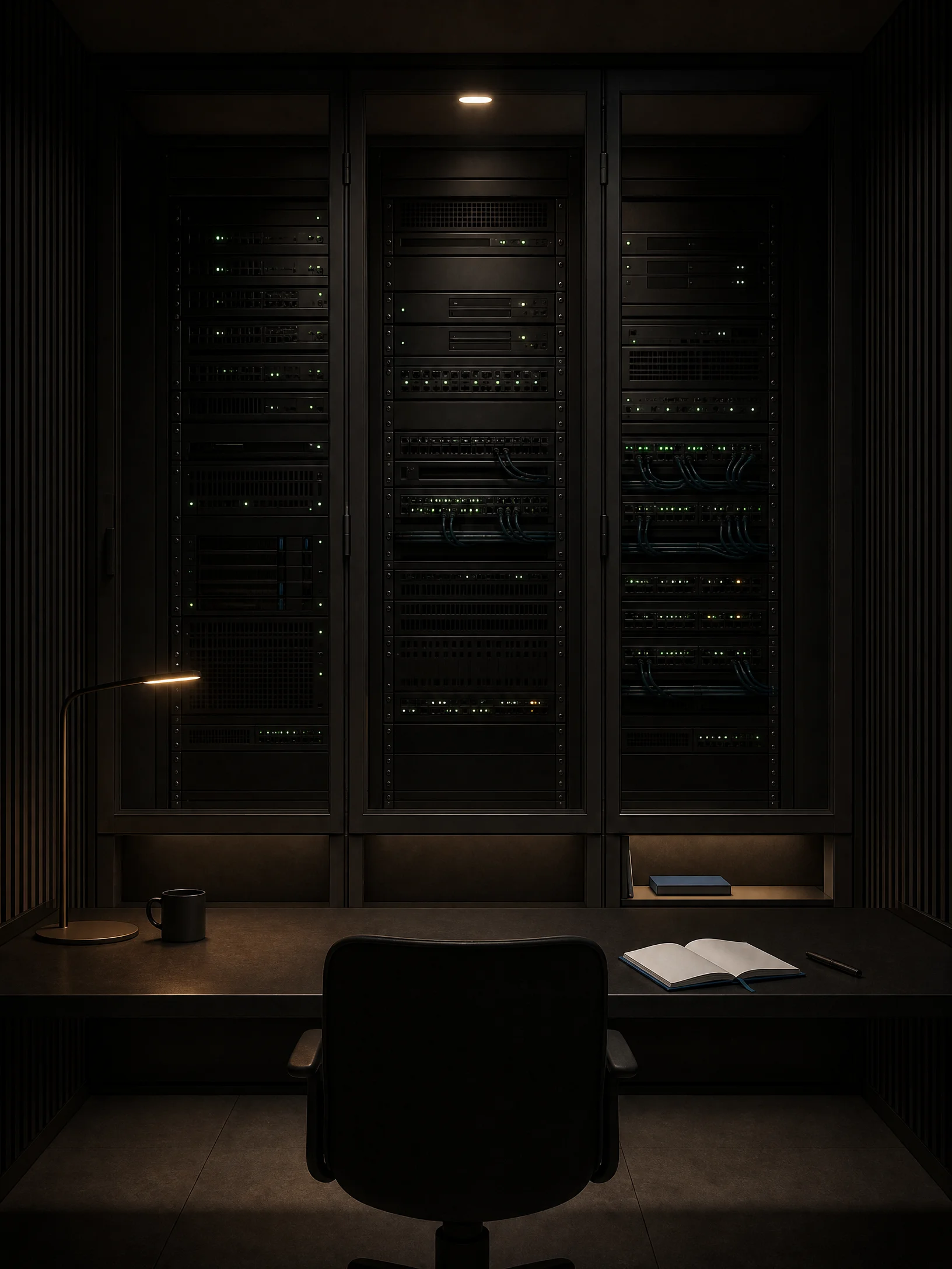 Quiet server observation bay during a night shift