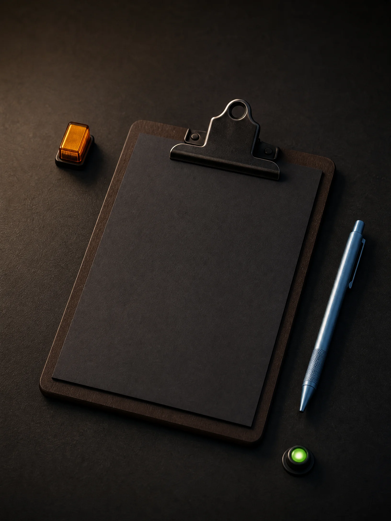 Night-shift application clipboard beside an operations console