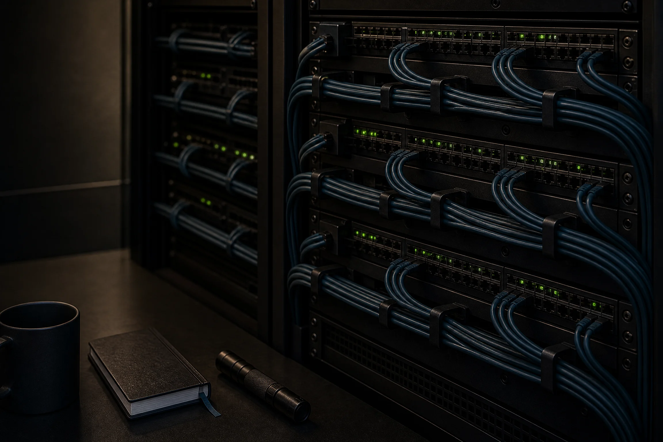 Dark server rack and network topology workspace